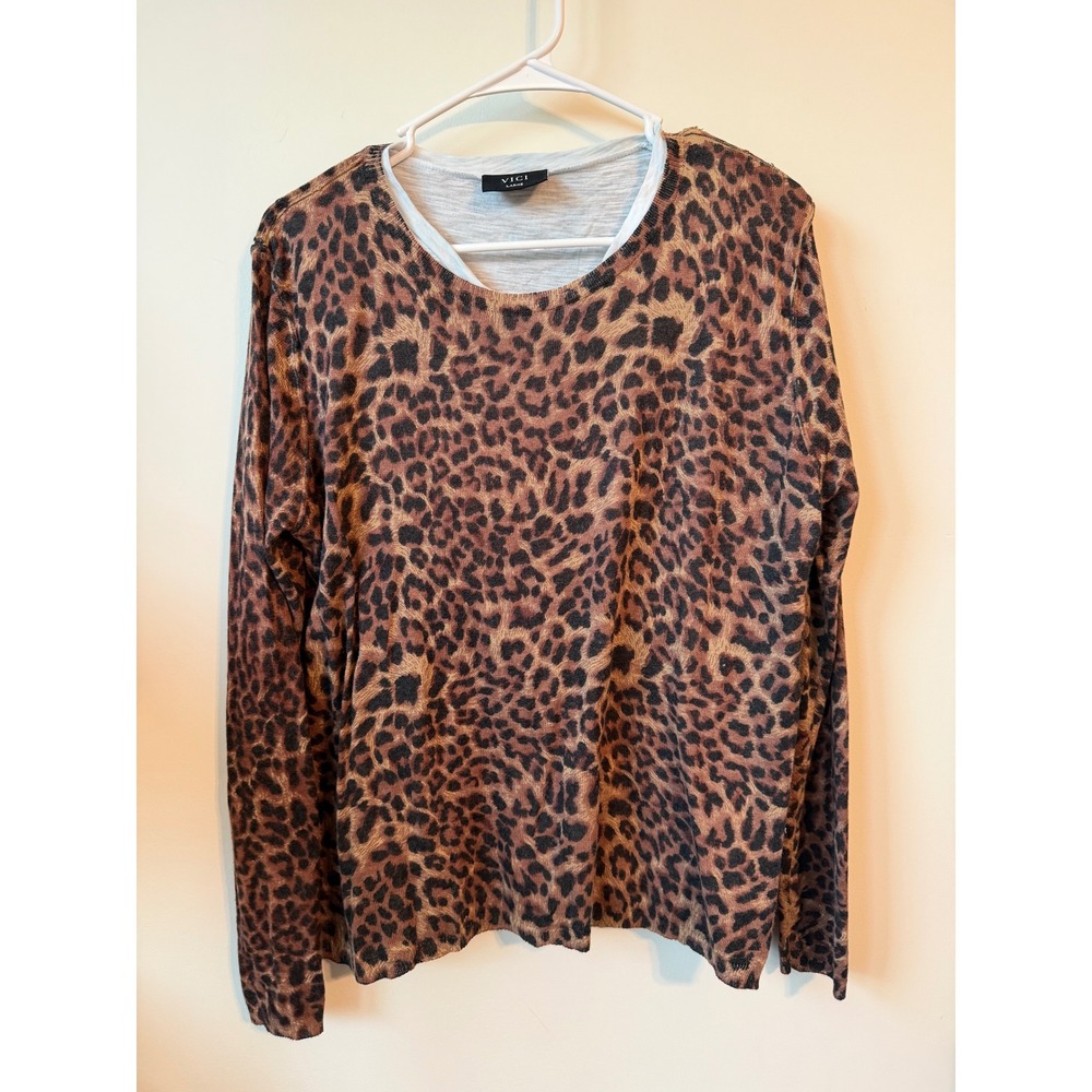 VICI Womens Leopard Print Crew Neck Long Sleeve Lightweight Sweater Brown Large